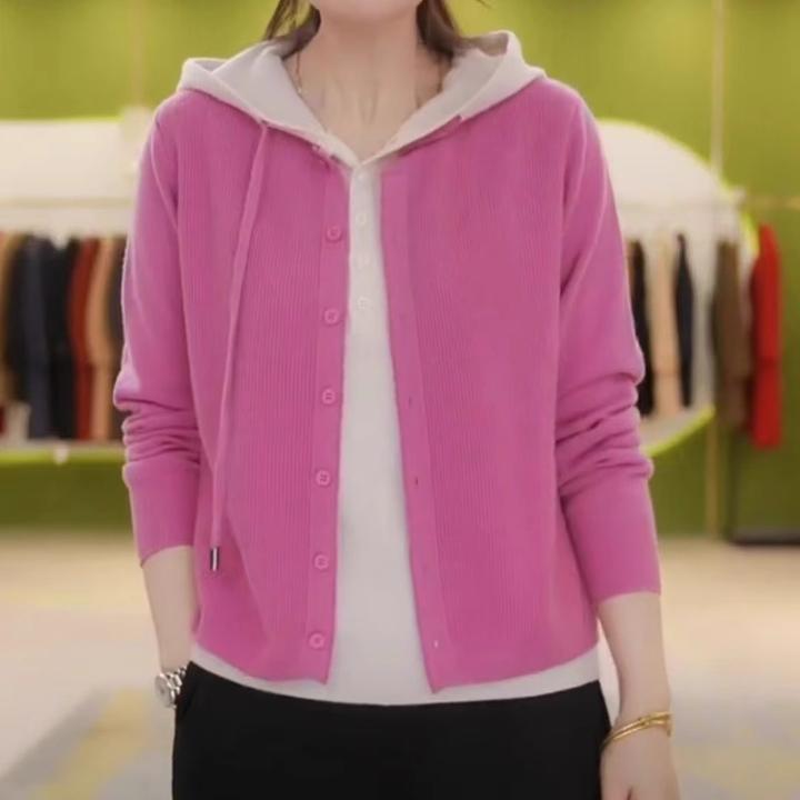 春秋新款假两件连帽针织开衫女宽松显瘦长袖毛衫时尚洋气毛衣外套