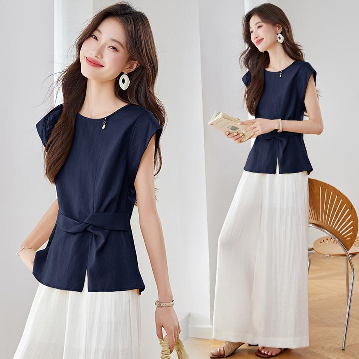 亚麻法式无袖休闲套装女2025夏季松弛感气质通勤显瘦阔腿裤两件套