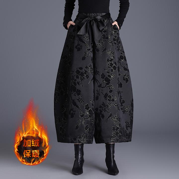 秋冬加绒加厚九分时尚提花花苞裤中国风高腰宽松显瘦阔腿休闲裤子