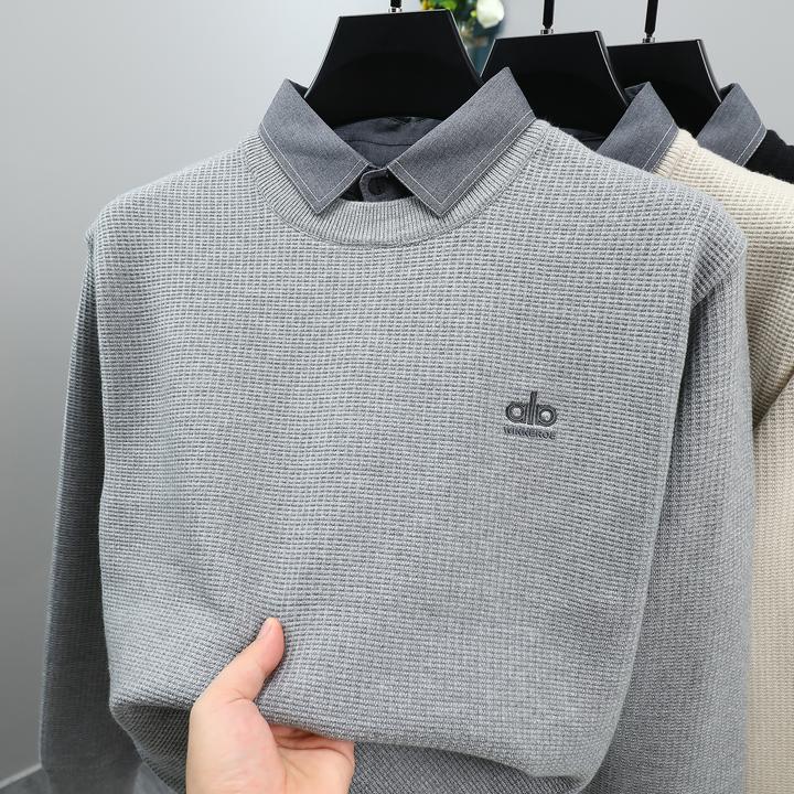 梦泡时尚刺绣假两件毛衣男衬衫领2025秋冬新款翻领内搭针织打底衫