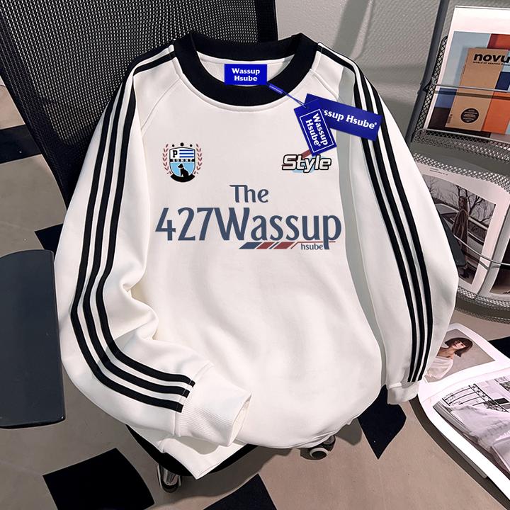 WASSUP HSUBE美式潮流三条杠圆领卫衣男士秋季新款国潮牌重磅上衣