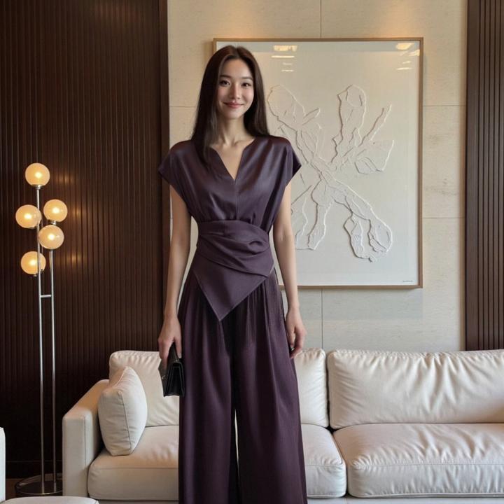 夏季新款设计感收腰时尚套装女休闲上衣阔腿裤两件套SHBZXP622291