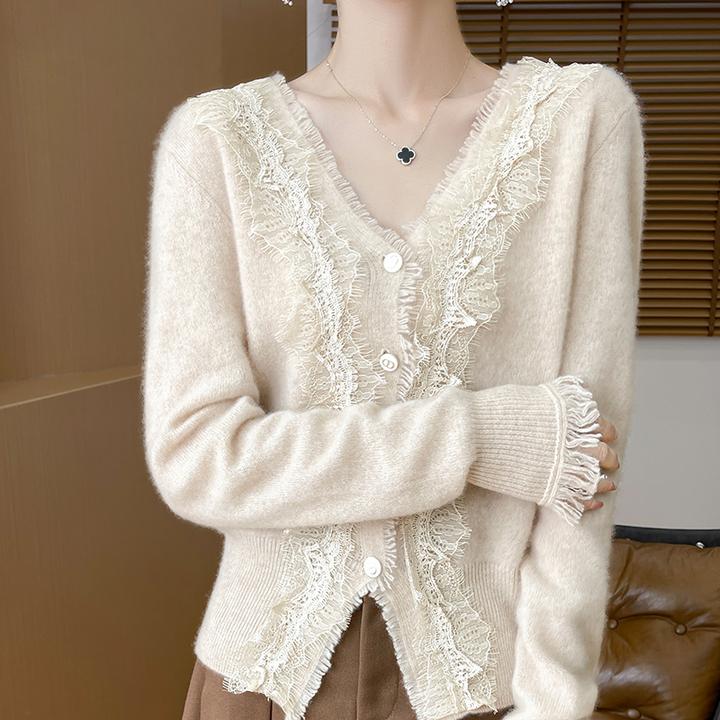 女薄款羊毛开衫气质轻奢长袖针织羊毛衫时尚百搭蕾丝显瘦V领开衫