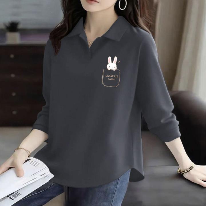 简约印花2025春秋新款纯棉翻领休闲百搭POLO衫女士不规则长袖上衣