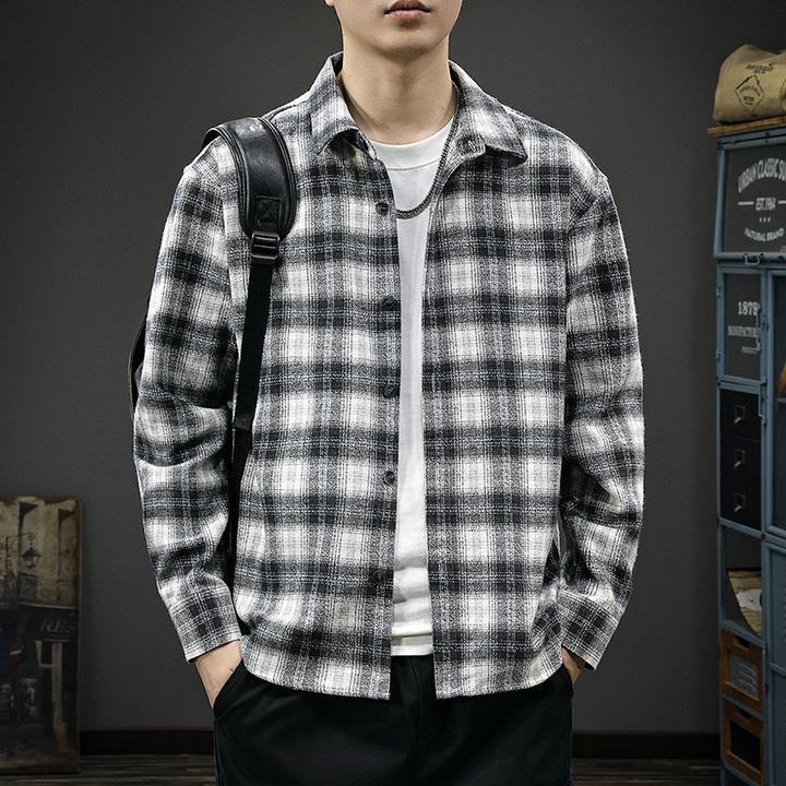重磅撞色拼接格子衬衫男秋季美式复古高级感休闲长袖翻领衬衣外套