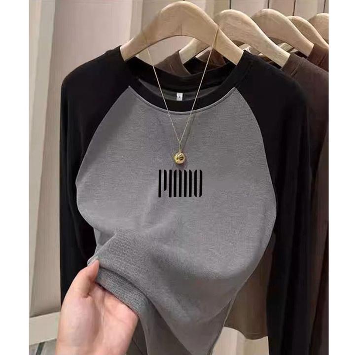 德绒磨毛拼色正肩圆领长袖t恤女小众设计感加厚保暖打底衫上衣秋