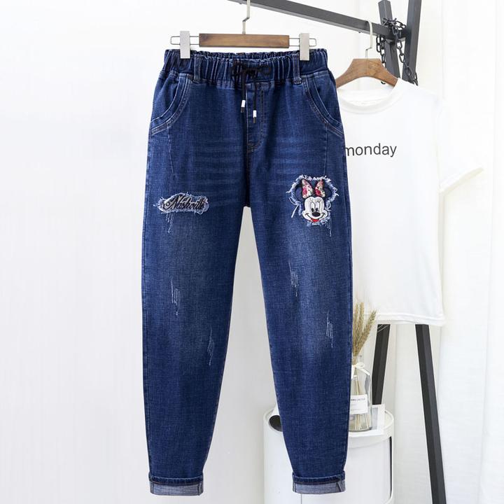 大码200斤胖MM软牛仔裤女高腰松紧夏季哈伦小脚弹力显瘦长裤新款