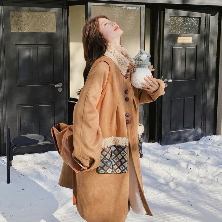 咖色格子拼接麂皮绒外套女中长款2025冬季新款宽松加绒加厚派克服