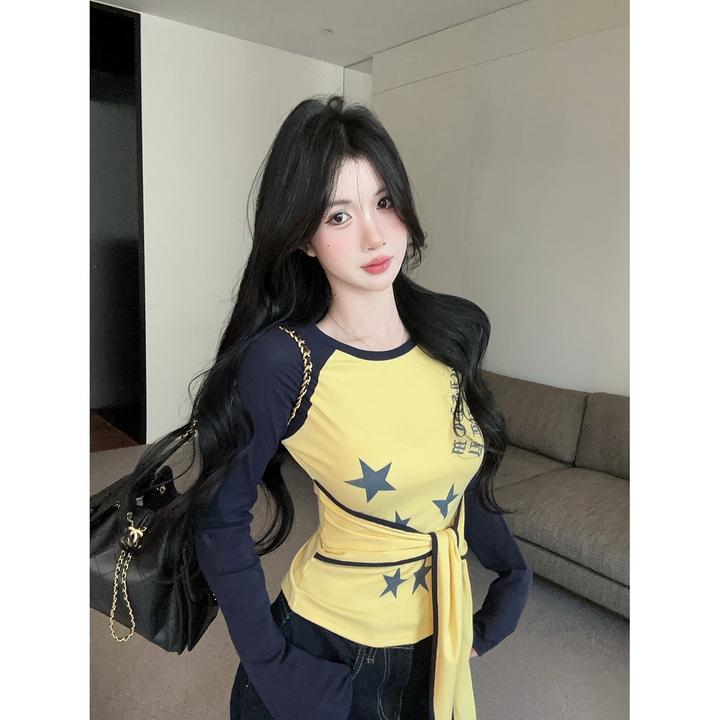 撞色字母印花美式圆领插肩长袖t恤女秋季绑带修身短款打底衫上衣