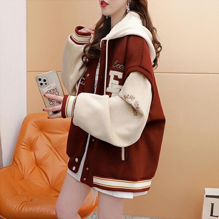 2025春秋款卫衣美式复古棒球服外套女学生宽松连帽百搭开衫刺绣女