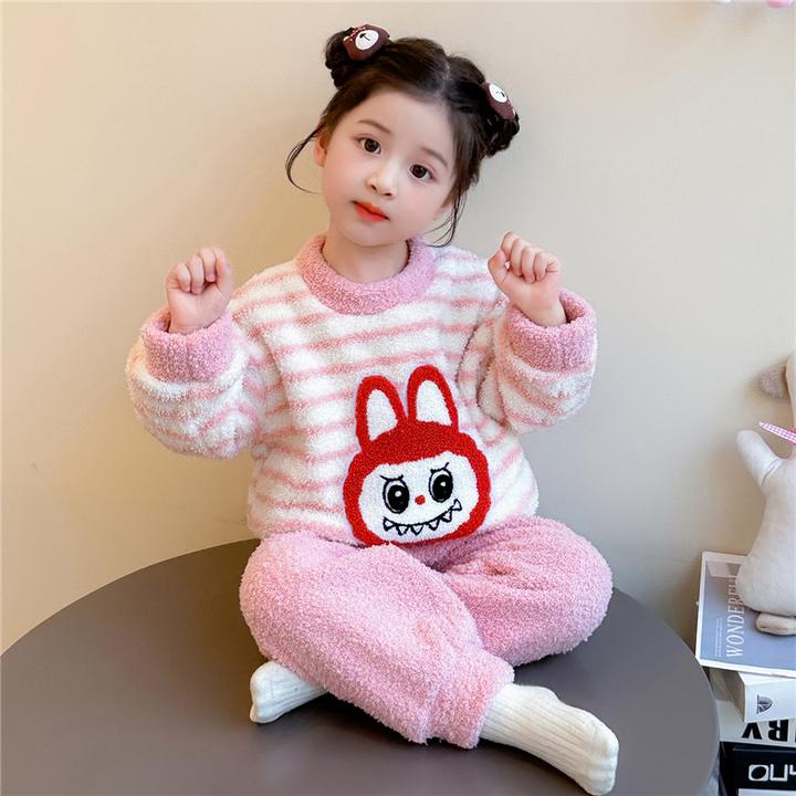 女童睡衣卡通秋冬款2025新款条纹绒宝宝珊瑚绒冬季儿童女孩家居服