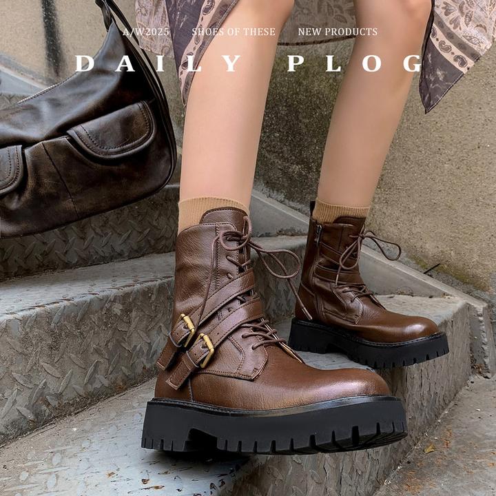 2025百搭年新款厚底时尚潮流系带马丁靴皮带扣机车靴软皮短靴