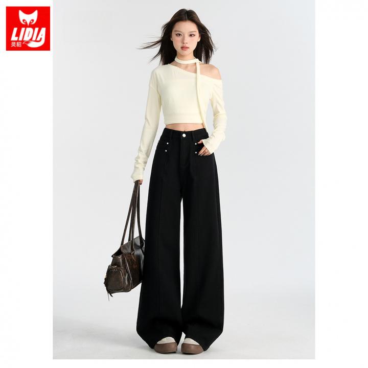 高级设计感阔腿牛仔裤女秋冬2025新款梨形遮胯宽松黑色直筒拖地裤