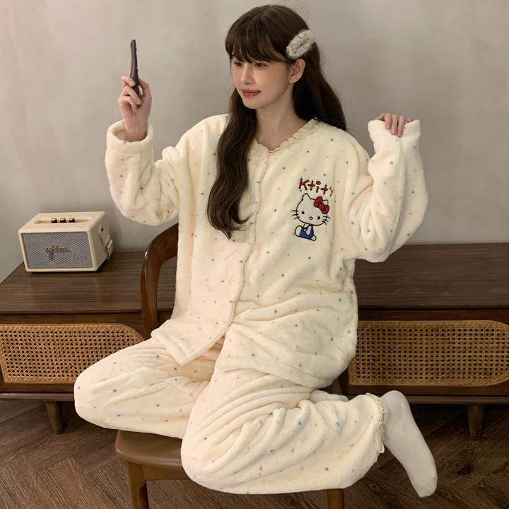 韩版秋冬季睡衣女长袖长裤波点卡通冬季法兰绒加厚保暖家居服套装