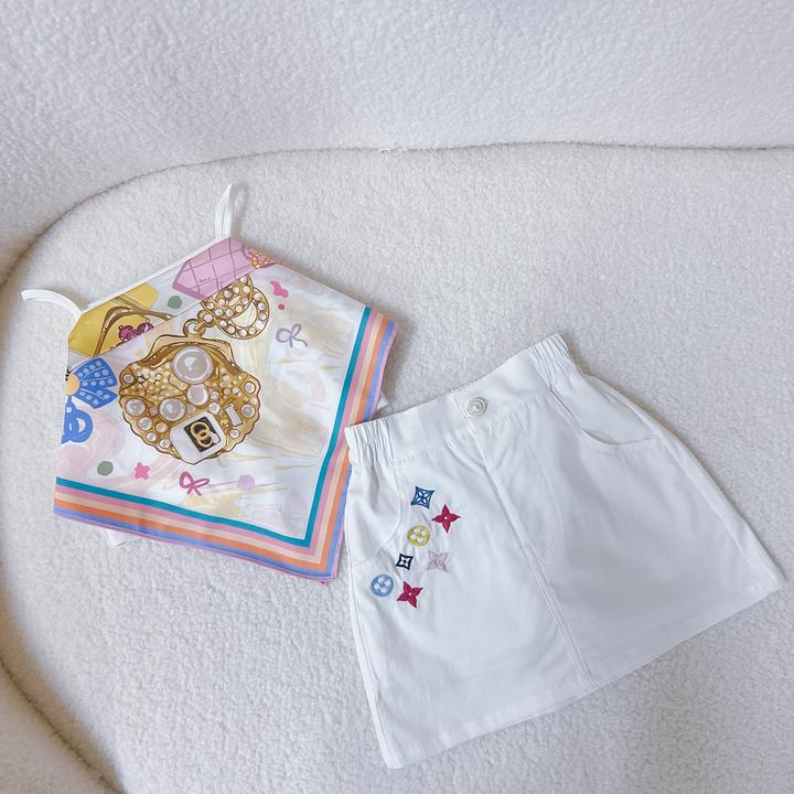 女童套装夏季薄款2025新款多巴胺针织吊带儿童女宝宝短裙两件套
