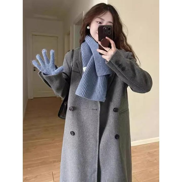 2025秋冬季灰色双面呢大衣女廓形中长款韩版高级气质毛呢外套