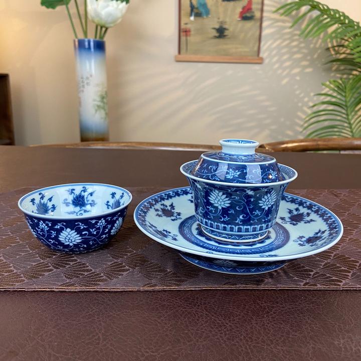 【记石柴窑】冰莲缠枝花卉主人杯 马蹄盖碗手工手绘景德镇茶具