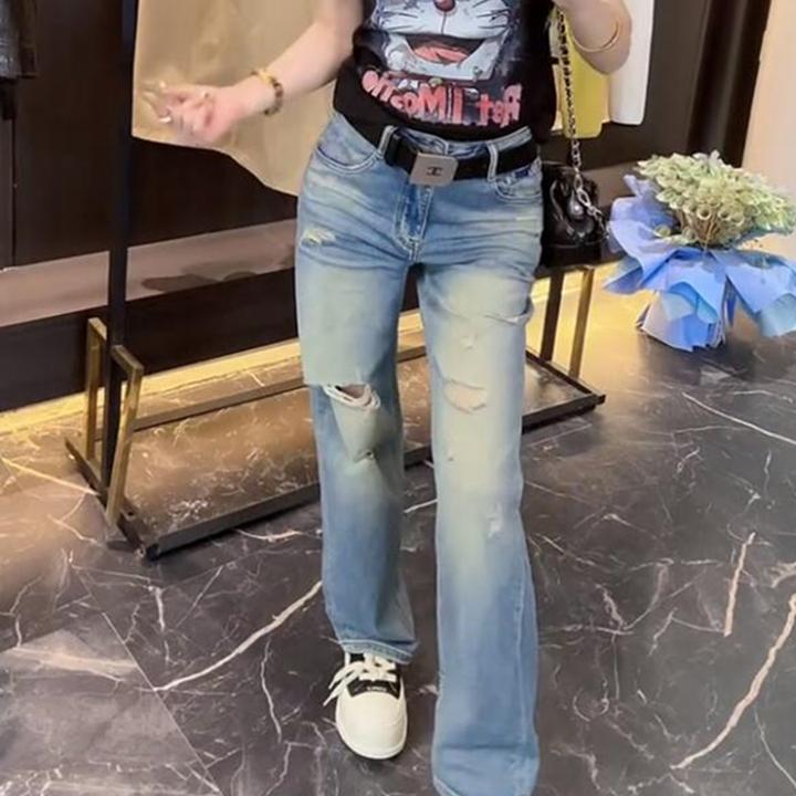大码高腰破洞窄版直筒牛仔裤女2025年春夏新款小个子显瘦长裤子