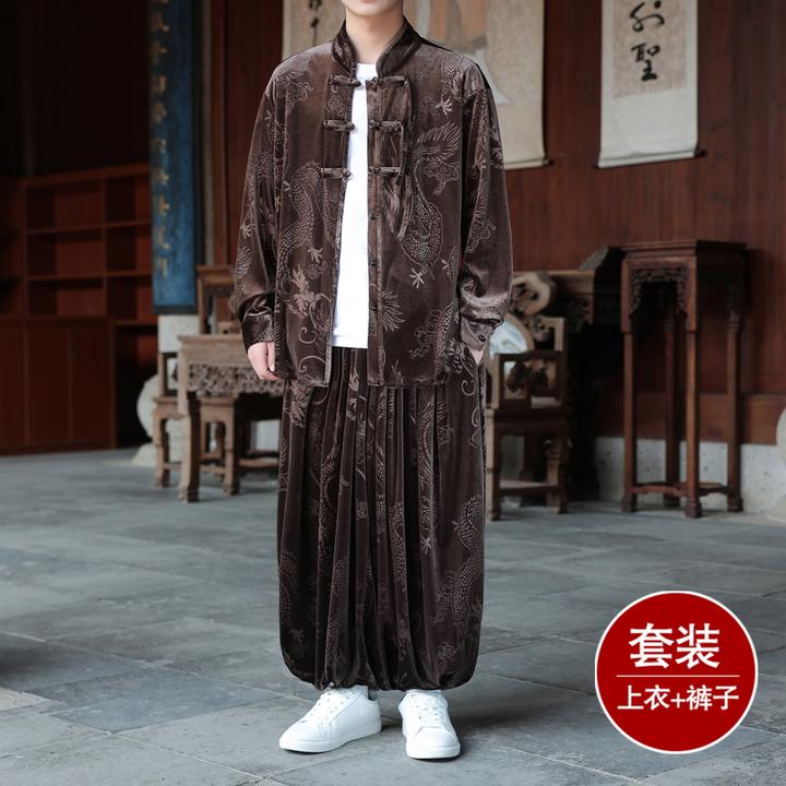 新中式潮牌唐装男中国风龙纹提花金丝绒汉服套装高级感宽松太极服