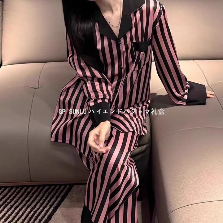gpsunlu休闲条纹睡衣女春秋季长袖长裤甜美冰丝套装可外穿家居服