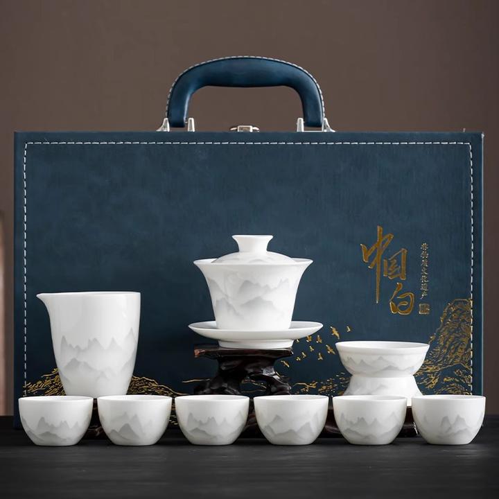 羊脂玉功夫茶具套装精致高颜值白瓷盖碗新中式陶瓷茶杯礼盒送长辈