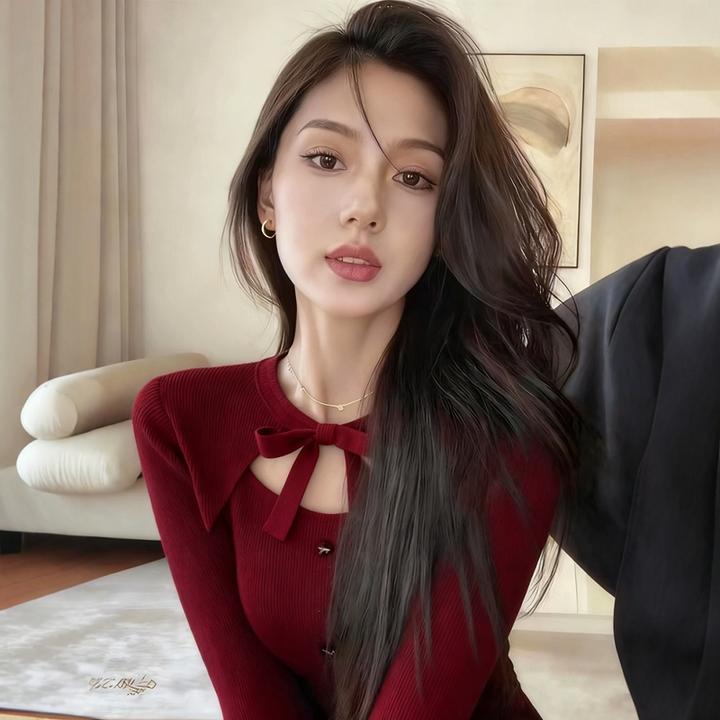 圣诞节穿搭小香风红色超好看毛衣女秋冬修身蝴蝶结系带针织衫上衣