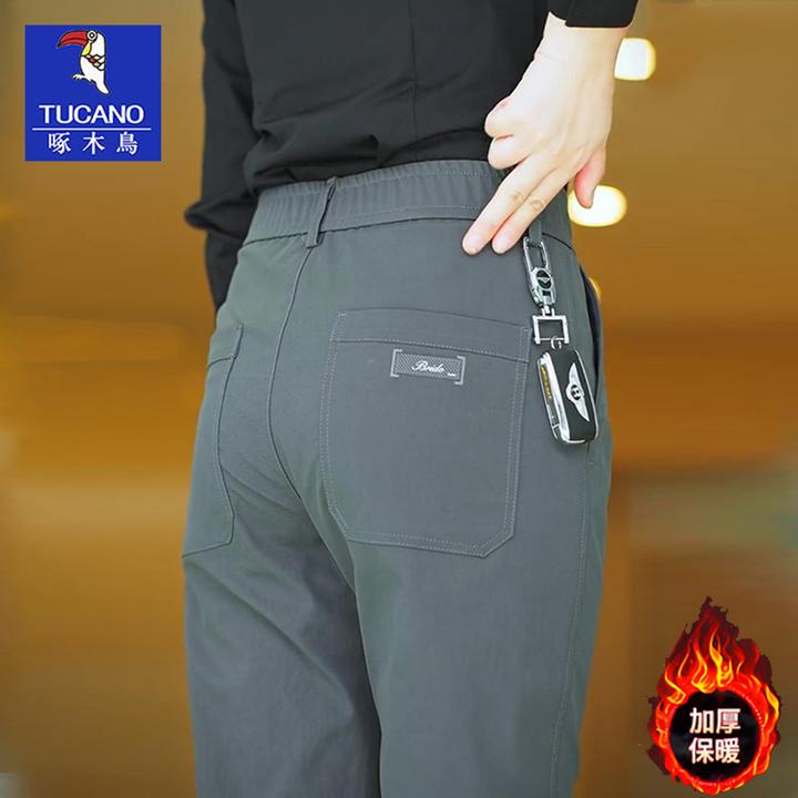 啄木鸟2025年秋冬季弹力加绒加厚休闲裤男士直筒宽松百搭商务长裤