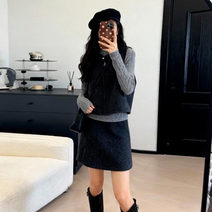 2026新款冬装搭配一整套毛呢马甲外套针织裙子通勤轻熟叠穿套装女