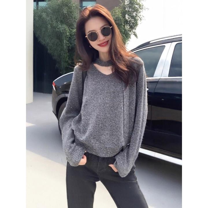 灰色软糯v领毛衣针织衫女2025新款春秋季高级感洋气飘带内搭上衣