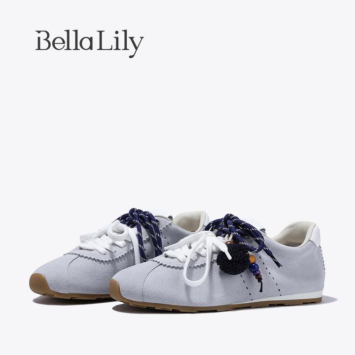 BellaLily秋季新款小众个性德训鞋双系带挂件休闲鞋牛皮女鞋