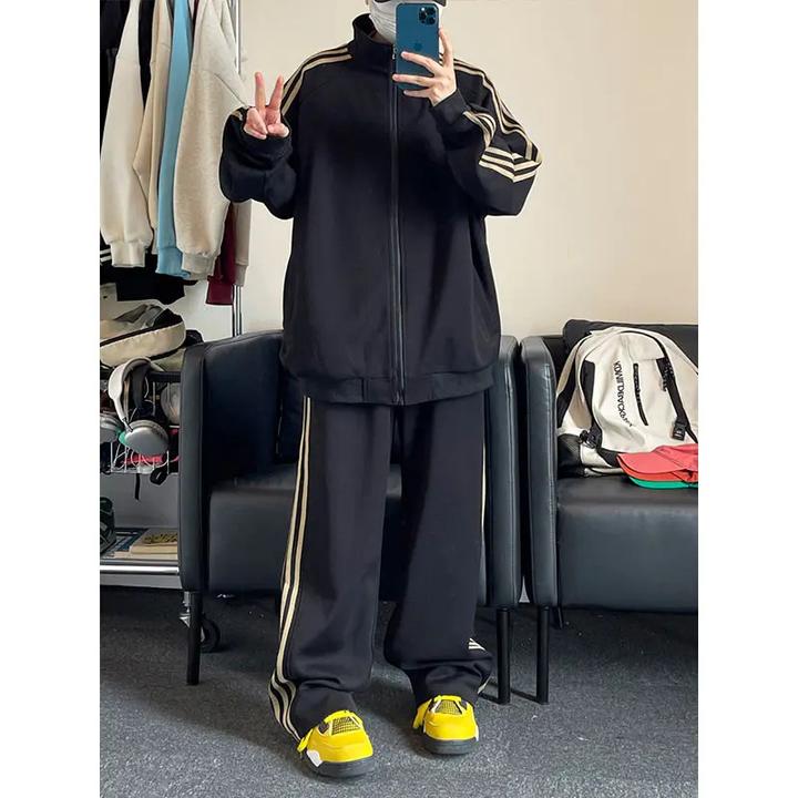 美式复古三条杠男士外套春秋男装卫衣卫裤休闲宽松百搭一整套情侣