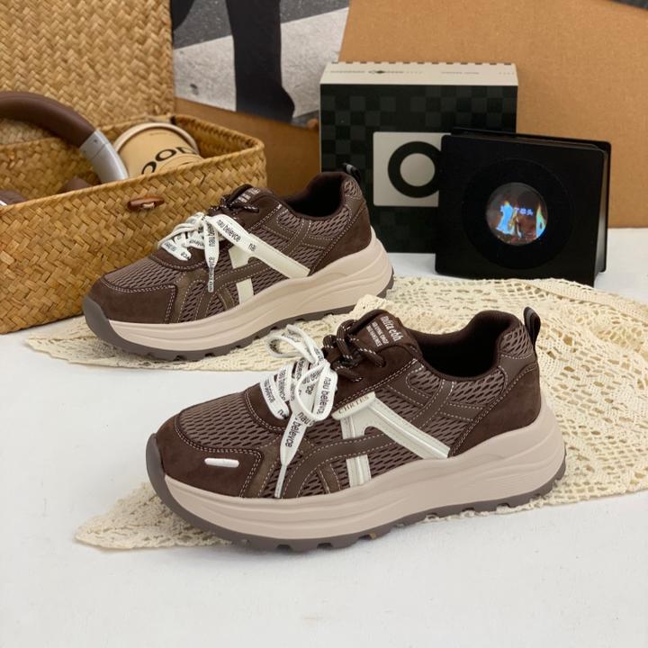 真皮厚底老爹鞋女2025秋新款网红网面透气休闲运动鞋增高阿甘鞋子