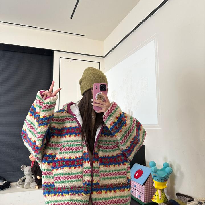 CHACHA【晚霞染秋】休闲时尚百搭彩色条纹毛呢外套