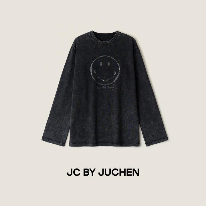 很重工的！高克重棉重水洗做旧摇滚笑脸烫钻长袖T恤女FW117002-194