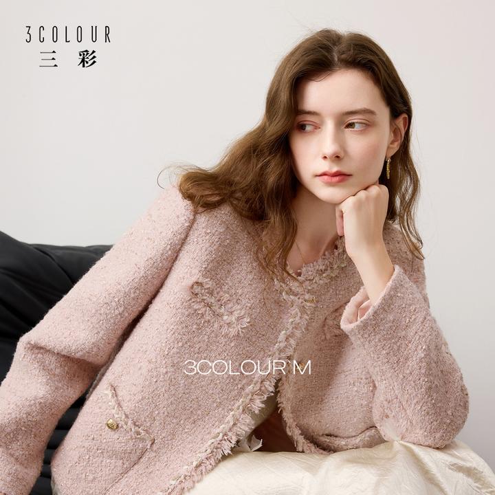 三彩2025秋冬季新款小香风亮丝粗花呢子圆领毛呢短大衣呢外套女M