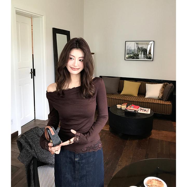 【ALONE SAVOR】龍喜儿天际线 秋冬复古蕾丝拼接T恤荡领小衫C292