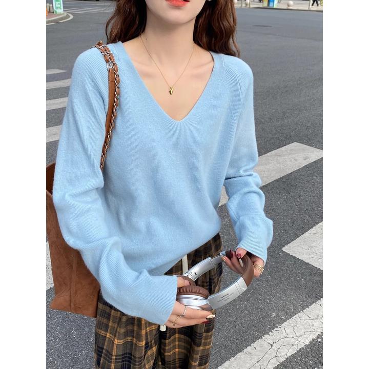 百搭毛衣女秋冬慵懒风宽松针织衫新款打底衫内搭春秋蓝色上衣