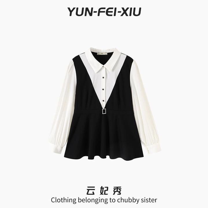 云妃秀大码女装衬衫时尚休闲胖妹妹显瘦宽松翻领上衣秋季68673