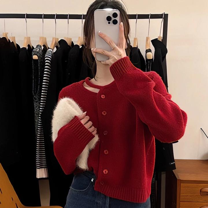 圣诞新年红色毛衣开衫女安可拉红内搭上衣外穿镂空针织短外套秋冬