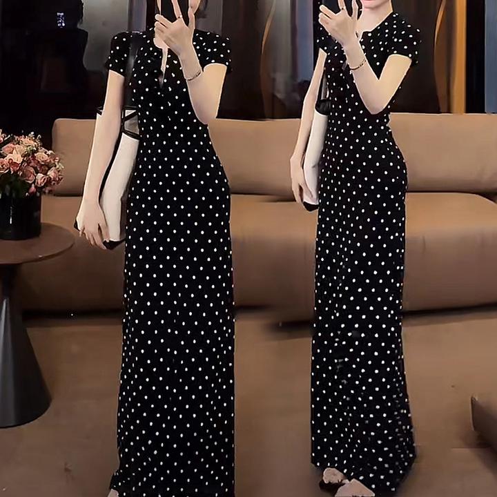 气质波点收腰黑色短袖连衣裙女2025夏季高级感百搭修身显瘦长裙