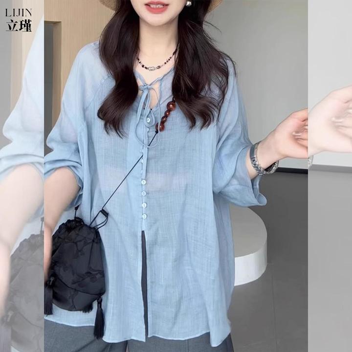 蓝色亚麻衬衫轻薄防晒衣女2025新款夏季宽松开衫透气上衣外套早秋