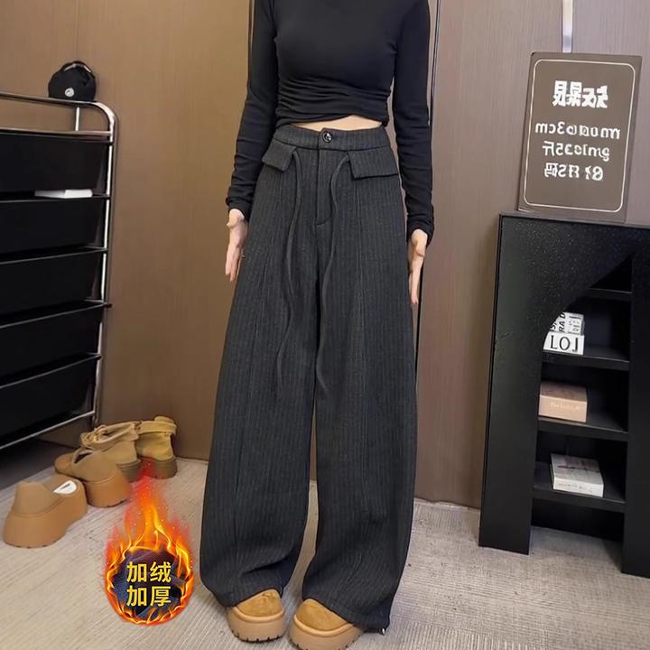 拉夏贝尔加绒羊毛呢弯刀裤女2025秋冬新款韩系复古显瘦休闲气球裤