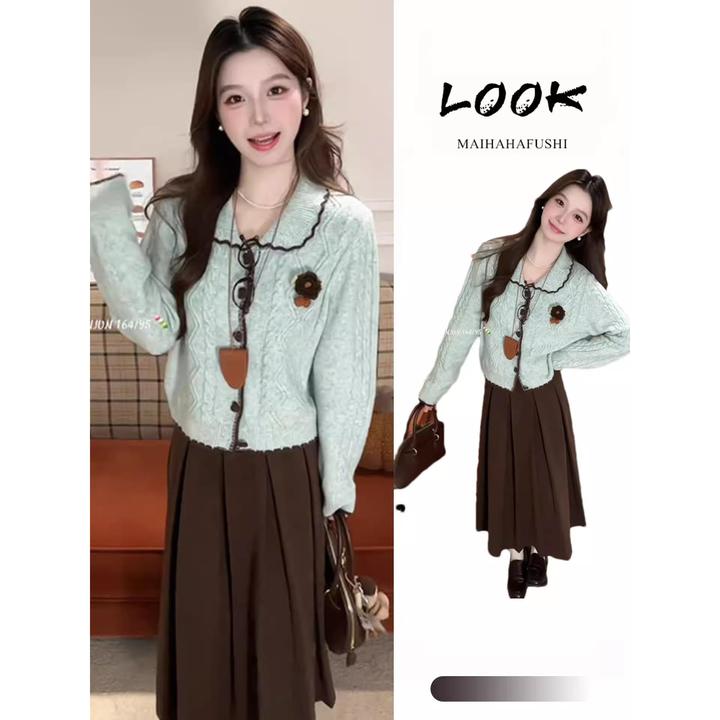 秋日氛围感穿搭套装女甜美温柔撞色翻领长袖针织开衫半身裙两件套