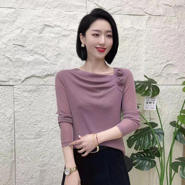 2025新品洋气长袖上衣纯色百搭网纱不规则领上衣1810