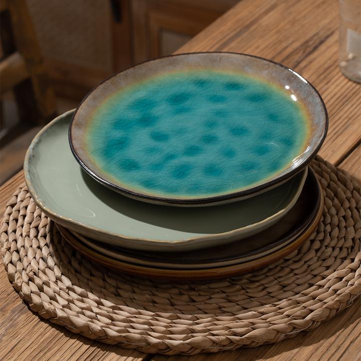 8寸釉下彩冰裂纹窑变家用陶瓷餐盘碟子日式复古风牛排盘菜盘 微瑕