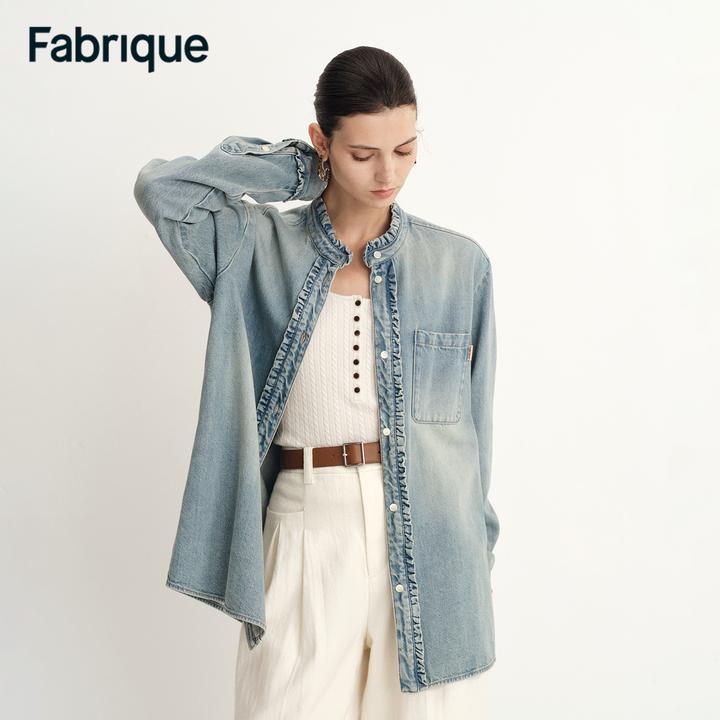 Fabrique Olivia 【主角丹宁】早秋水洗浅蓝棉麻薄款荷叶边牛仔衬衫