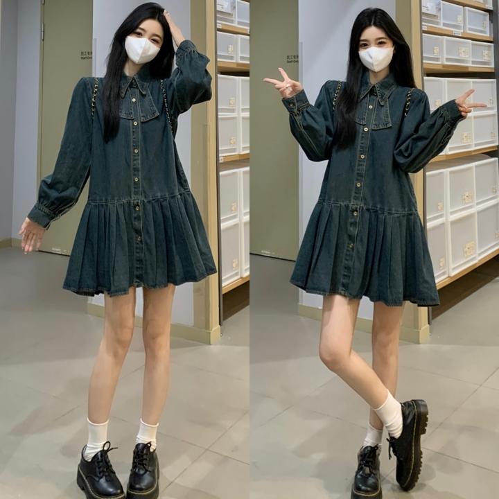 大码女装设计感温柔风遮肉显瘦长袖牛仔蝴蝶结百褶连衣裙