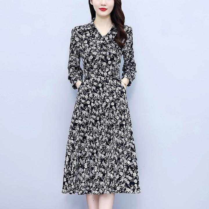 长袖洋装女春秋2025年新款收腰洋派高级感中年妈妈雪纺碎花裙子