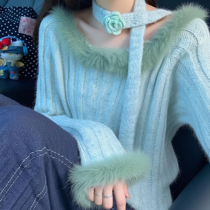 韩系氛围感蓝色挂脖毛毛边针织衫女2025秋冬新款洋气减龄绝美上衣