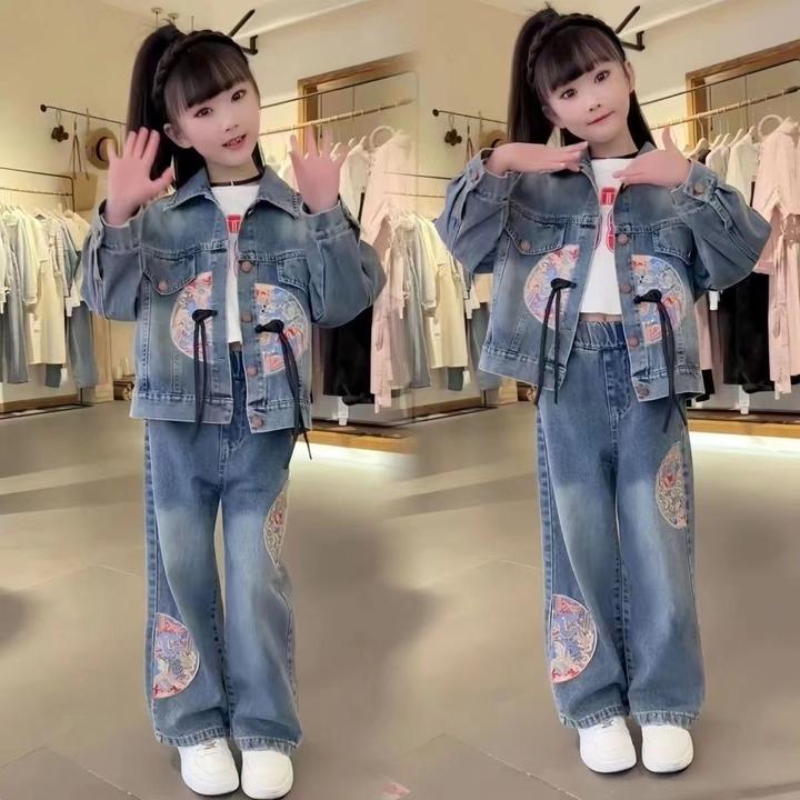 女童春装国风套装2025新款儿童牛仔洋气两件套复古中式春秋